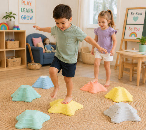 Two preschool children happily play on pastel Balance Stepping Stones Starfish in a bright classroom, practising balance, coordination, motor planning and body awareness through active sensory play.