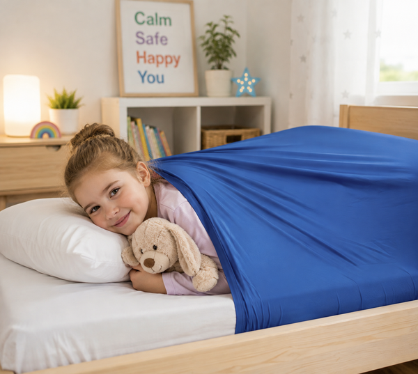 A young girl with her hair in a bun lies under a bright blue fitted sheet on a bed, holding a beige stuffed bunny. The bedroom background includes a wooden shelf with books and a framed sign that reads 'Calm Safe Happy You'.
