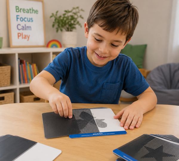 A smiling young boy uses Mindful Motions Sensory Cards at a classroom table, sliding a motion panel across a butterfly pattern to explore visual effects while supporting concentration, mindfulness and visual processing.