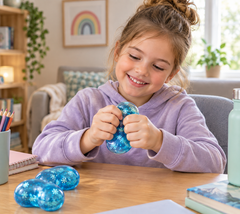 A smiling young girl squeezes a blue Snowflake Jelly Cube sensory fidget at a table in a bright home setting, enjoying tactile play that supports focus, relaxation and sensory regulation.