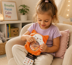 A young girl sits in a beige armchair, smiling and playing with an orange cat-shaped sensory toy that has a clear window showing colorful beads. The scene is set in a cozy, warmly lit room with shelves, books, and a framed sign in the background.