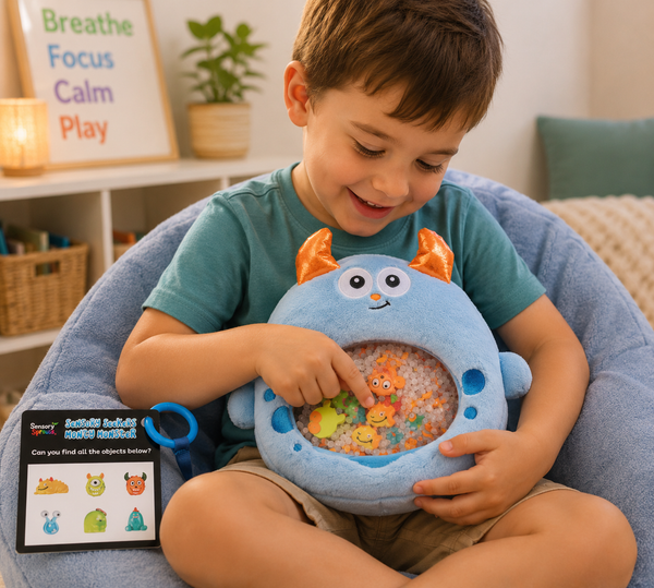 A smiling young boy explores the Sensory Seekers Monty Monster in a cosy sensory space, searching through colourful beads and hidden objects in the clear window while using the matching seek-and-find activity card.
