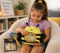 A young girl sits in a beige lounge chair in a cozy room, holding a bumblebee sensory toy. The toy has a yellow and black striped body with a clear belly showing gold glitter and confetti, and a blue ring puller.