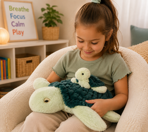 Young girl cuddling the Mini & Me Weighted Plush Turtle in a cosy sensory space, enjoying a calming companion designed to support comfort, relaxation and sensory regulation.