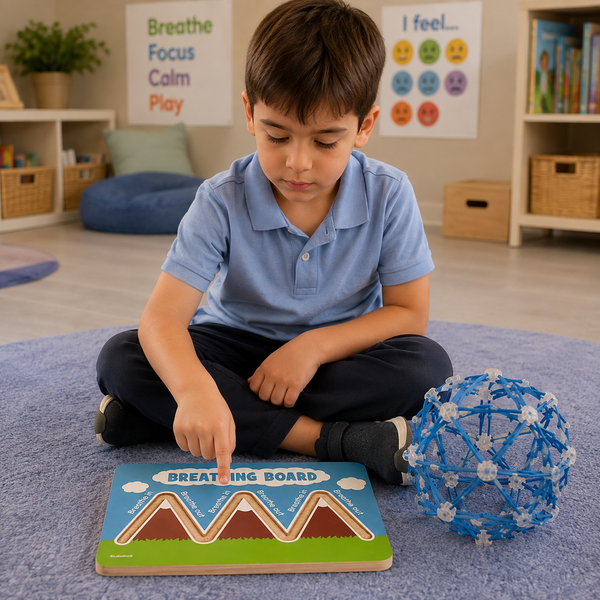 Young boy using a Breathing Board and Expandable Sphere while seated on a classroom mat, practising mindful breathing, focus and sensory regulation.