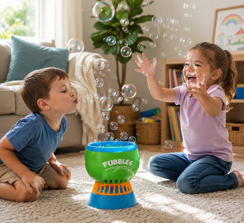 Two young children laughing and playing with a Fubbles Bubble Machine in a bright home setting, reaching for floating bubbles during fun sensory play.
