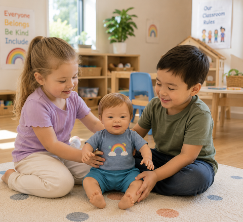 wo children playing with a Toddler Baby Boy Doll with Down Syndrome in a bright preschool classroom, encouraging inclusive play, diversity, empathy and social learning.