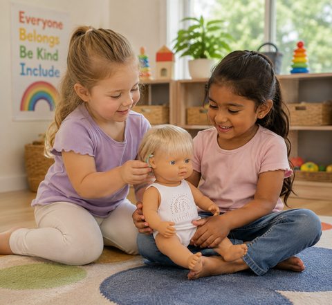 Two young girls sitting on a carpet in a playroom, interacting with a baby doll. The girl on the left in a purple shirt is adjusting the doll's ear, while the girl on the right in a pink shirt holds the doll.