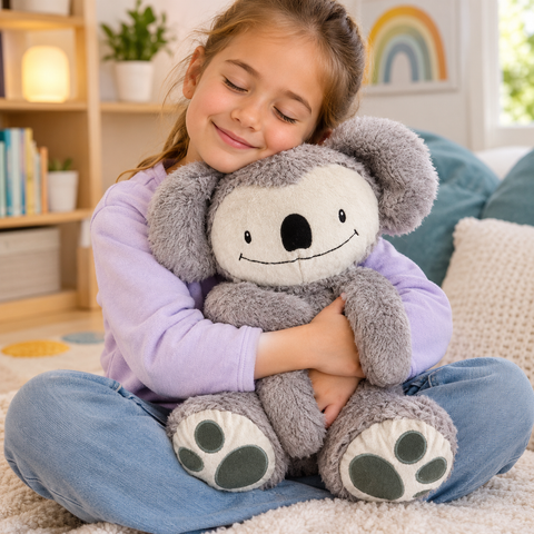 Child hugging Koko the Koala weighted sensory companion for calming, sensory regulation and emotional support.
