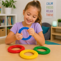 A young girl with her hair in a ponytail smiles while holding a blue textured ring toy. Three more textured ring toys in red, yellow, and green sit on the wooden table in front of her.