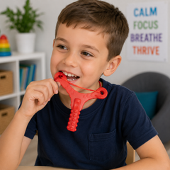 Child using a red Y-shaped self-regulation chew necklace for calming oral sensory input and sensory regulation.