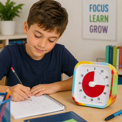A boy in a navy blue shirt sits at a desk writing in a spiral notebook, with a colorful square timer labeled 'Focus Timer' in front of him. The background shows a classroom setting with a 'FOCUS LEARN GROW' poster on the wall.