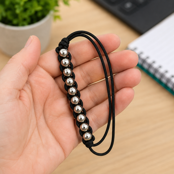 A black cord bracelet with silver metallic beads, held in a person's hand over a light wood desk background with a blurred plant and notebook.