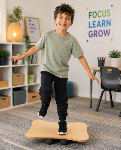 A young boy smiling and balancing on a wooden wobble board in a bright, modern classroom or playroom setting.