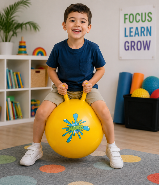 A young boy smiling while sitting on a yellow bounce ball in a colorful children's room. The boy is wearing a navy blue t-shirt, khaki shorts, and white sneakers.