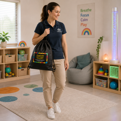 Therapist carrying a Sensory Support Toolkit bag in a welcoming sensory therapy room.
