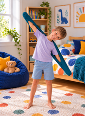 Young boy in a colourful children's bedroom stretching in a jade coloured Hug-a-Shrug sensory garment for sensory regulation