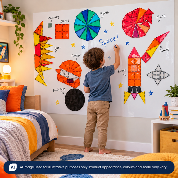 Young boy  in his bedroom using the Magnetic Marker Wall Decal which supports creative play, home learning, fine motor skills and interactive learning.