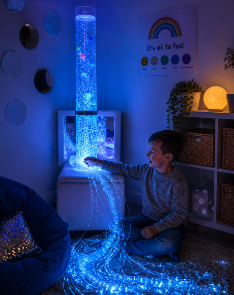 A child sits on the floor next to a mobile podium holding bubble tubes with fiber optic lights.