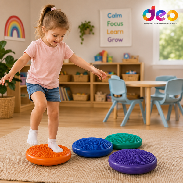 A child is using wobble cushions on the floor for balance in orange, blue, purple, and green.