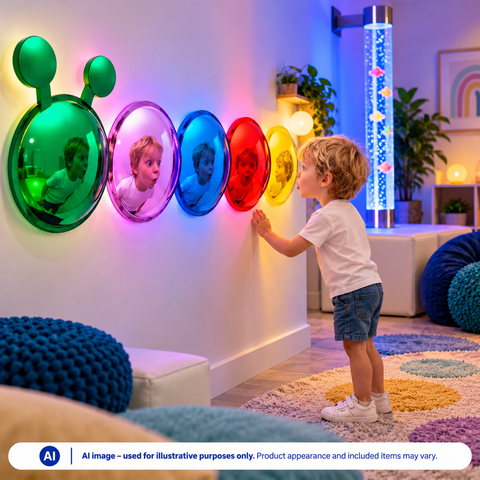 Child exploring colourful bubble mirrors in a sensory room.