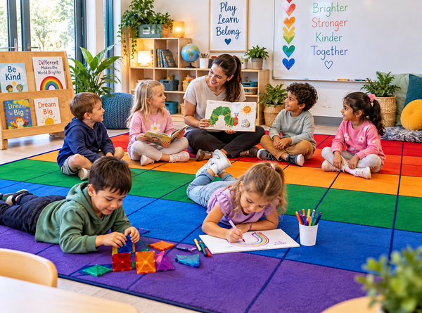 Children are learning and playing on a colorful, coded classroom carpet alongside their teacher in a lively school environment.