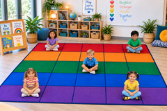 children seated on colour coded squares on floor