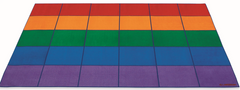Large colour-coded classroom seating rug featuring 30 vibrant seating squares in strips of 6 colours red, orange, green, blue, and purple with non-slip backing for organised group learning, therapy sessions, schools, allied health clinics and inclusive community spaces.