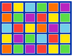 Colour Placement Rug with 30 bright squares in a 4m x 3m classroom seating layout