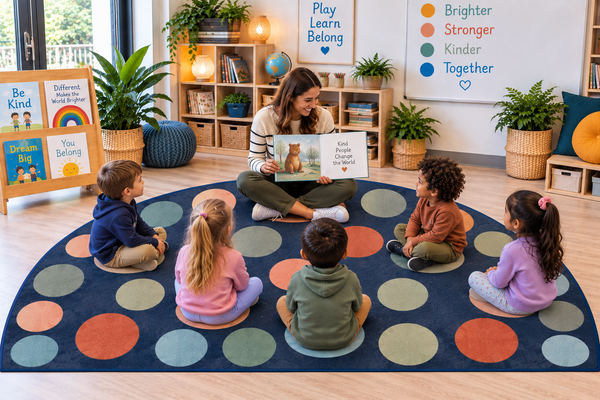 Children seated in front of an adult reading sitting on a semi circle rug with circle pattern