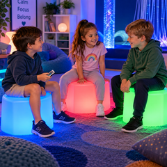 Colour Changing LED Stools supporting sensory regulation, relaxation and social interaction in a school sensory space.