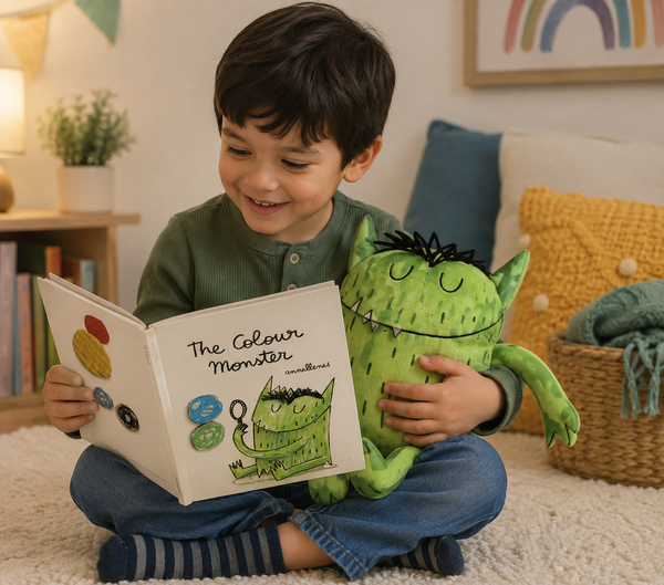 Child enjoying The Colour Monster book and plush set in a cosy home reading space.