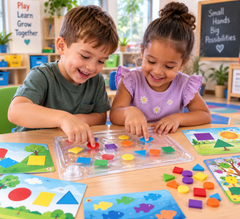 Children using a Colours & Shapes Sensory Pad for fine motor and sensory play in a school classroom.