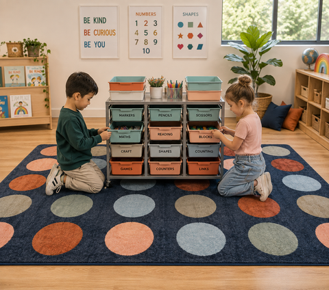 Two children are kneeling on a Colors of Australia square floor rug decorated with circles.