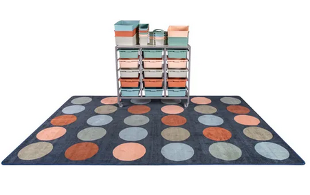 Classroom trolley with shelves sitting on Colours of Australia rug with circular pattern and earthy tones