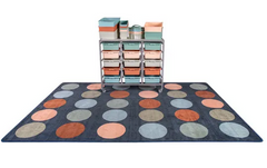 Classroom trolley with shelves sitting on Colours of Australia rug with circular pattern and earthy tones