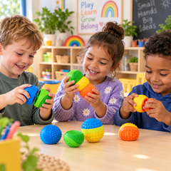 Children exploring colourful Connectable Tactile Fidget Balls in a vibrant preschool sensory play setting.