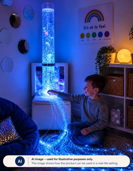 A child using a mobile podium equipped with a bubble tube and fiber optic lights.