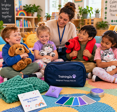 Teacher and children using weight therapy pets in a classroom setting.