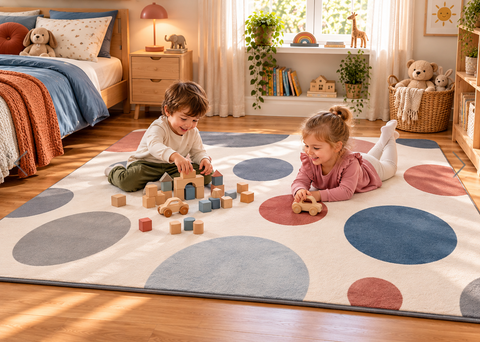 2 children sitting on a memory foam mat with a circle design playing with toys.