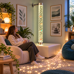 adult sitting beside a bubble tube and fibre optic lights on floor