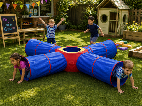 Children enjoying a colourful 4-way Crawling Cross Tunnel in an outdoor preschool play area.