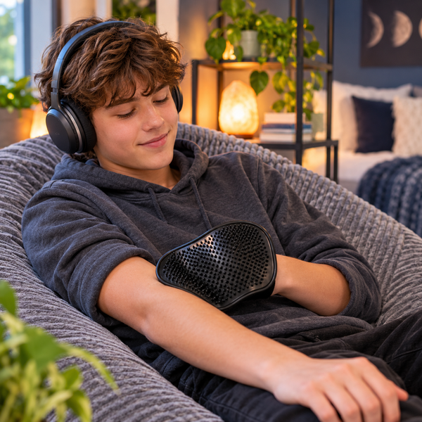 Teenager relaxing with a De-sensitizing Double-Sided Sensory Massage Glove and headphones at home.