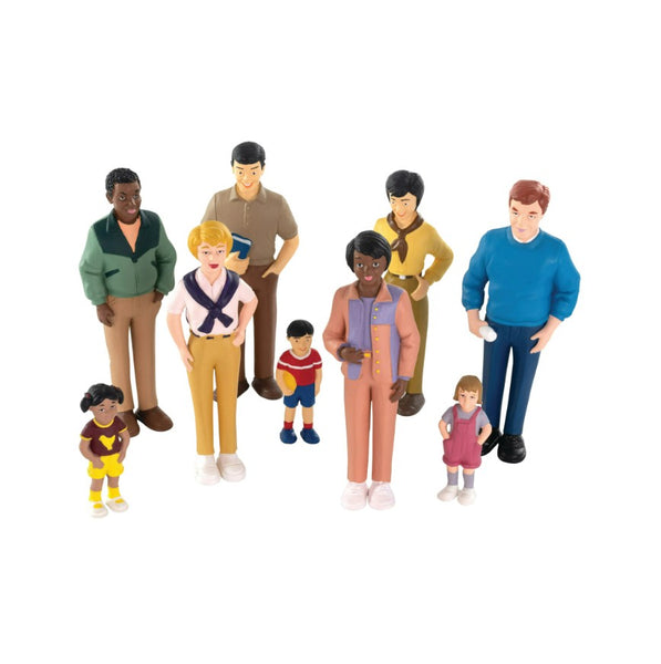 Set of toy figures representing people from different cultures in various poses on a white background.