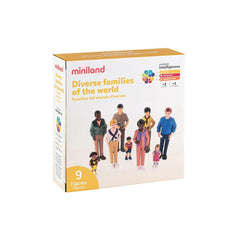 Box of Miniland diverse families of the world set on a white background