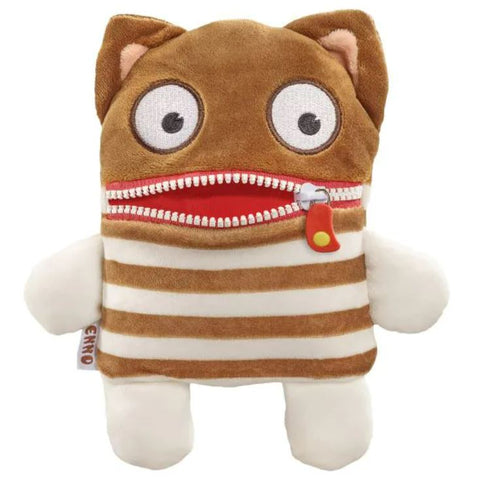 This is an image of Enno the Worry Eater. He has a red mouth with a white zipper. He has brown and white stripes on his body.