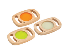 Easy Hold Glow Panels Set of 3 displayed together in blue, green and orange with smooth rubberwood frames and easy-grip handles