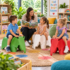 Colourful Elephant Chairs with children and a teacher enjoying a cosy school reading corner.