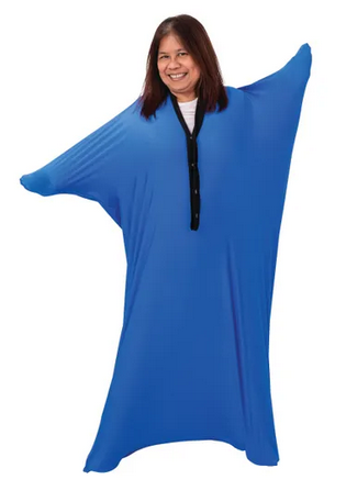 Young girl standing inside the blue Elizabeth Richards Body Sock with black buttons 