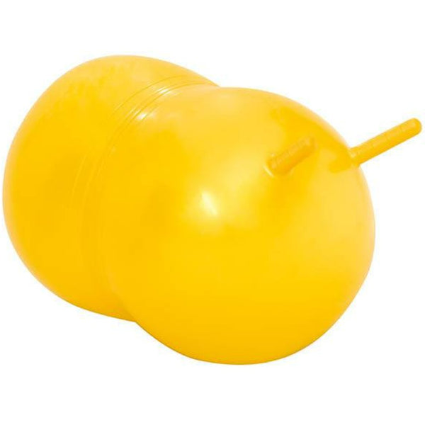 Image of a yellow elliptical jump ball with rubber handles against a white background.